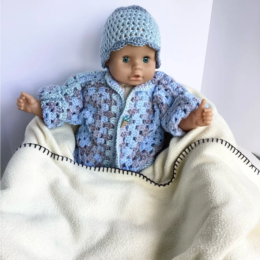 Sweater Beanie Hat Set Hand Crafted Baby Blue Tan Kimono